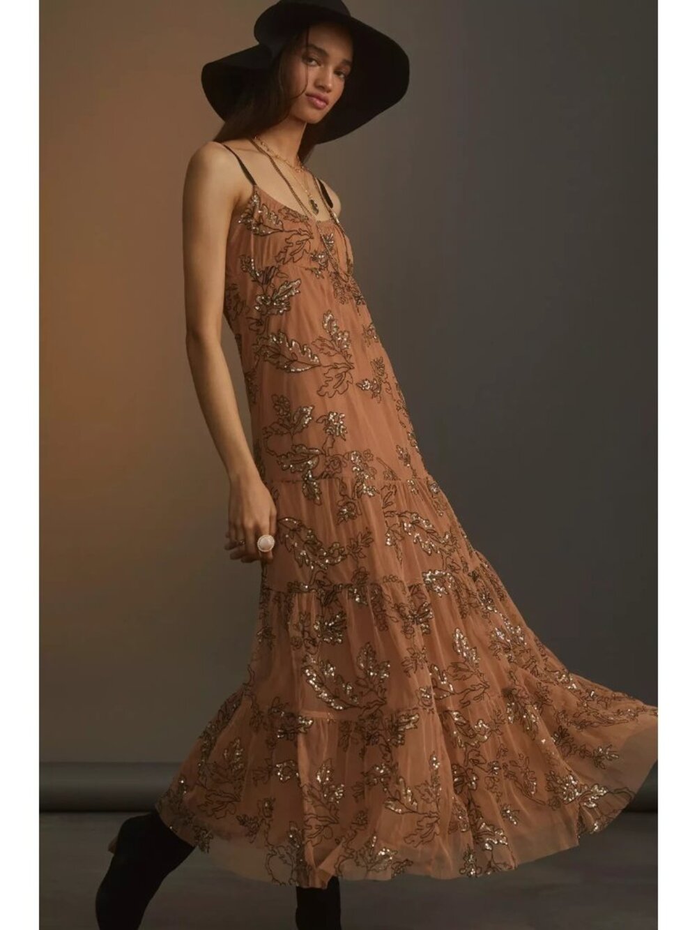 NWT by Anthropologie Sequined Tulle Maeve Maxi in Neutral Tank Dress S